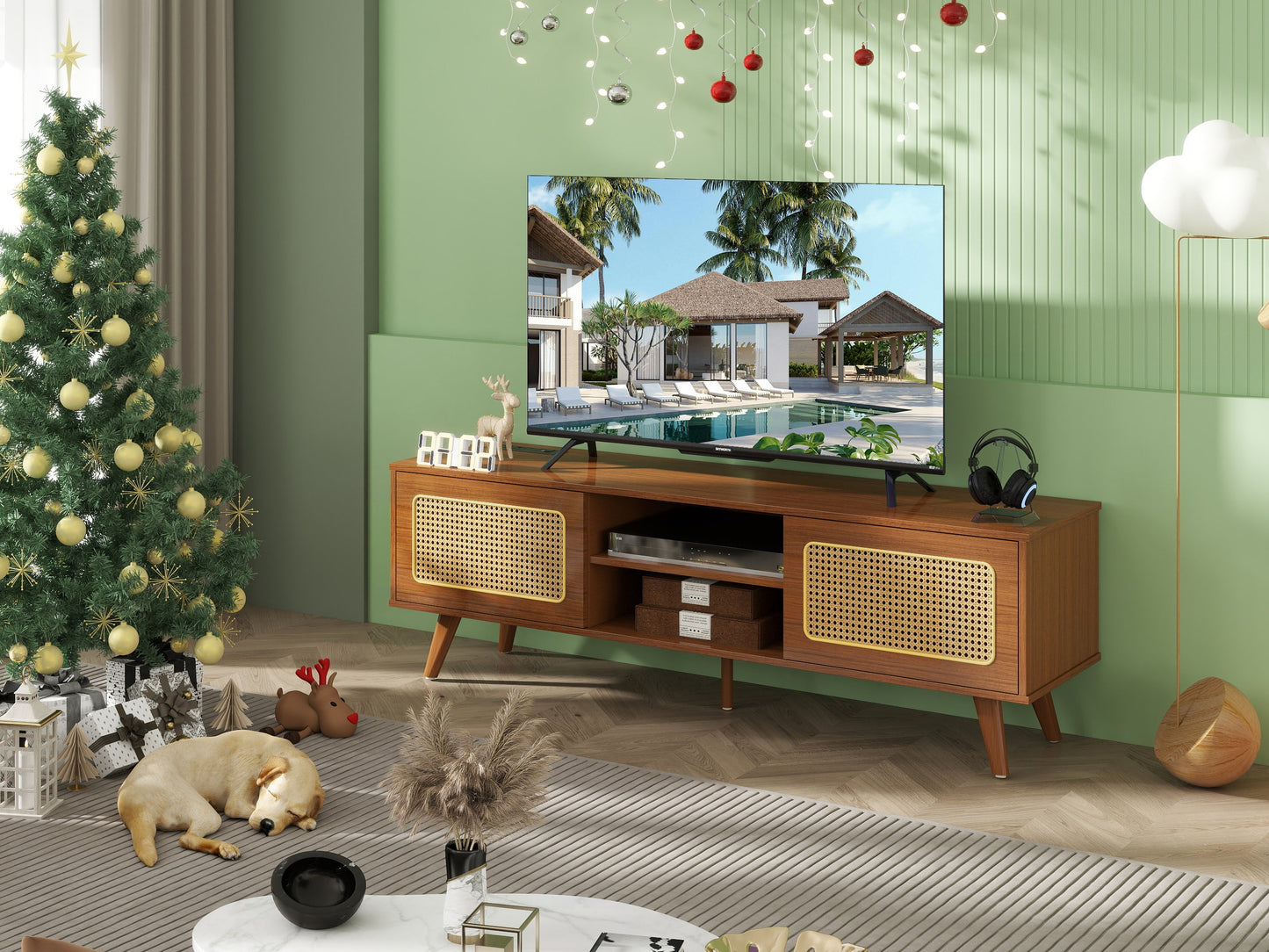 Mid Century Modern Rattan TV Stand for 55/60/65 inch TV , Entertainment Cabinet, Media Console for Living Room Bedroom Media Room, Solid Wood Feet & Rattan Cabinet Doors (Walnut, 59')