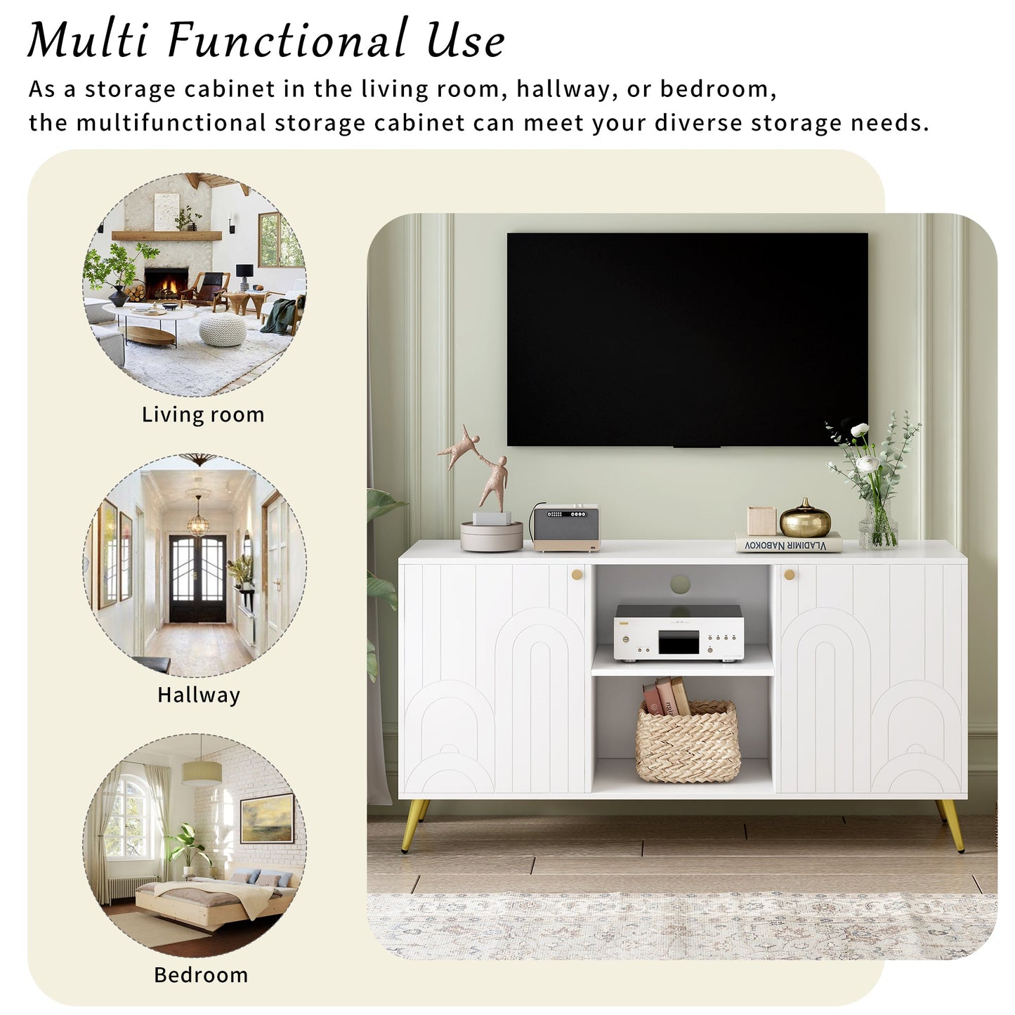 U-Can Modern TV Stand for TVs up to 55 Inches, Entertainment Center Media Console,Adjustable Shelf, Metal Legs, Handles and Anti-tip Device for Living room