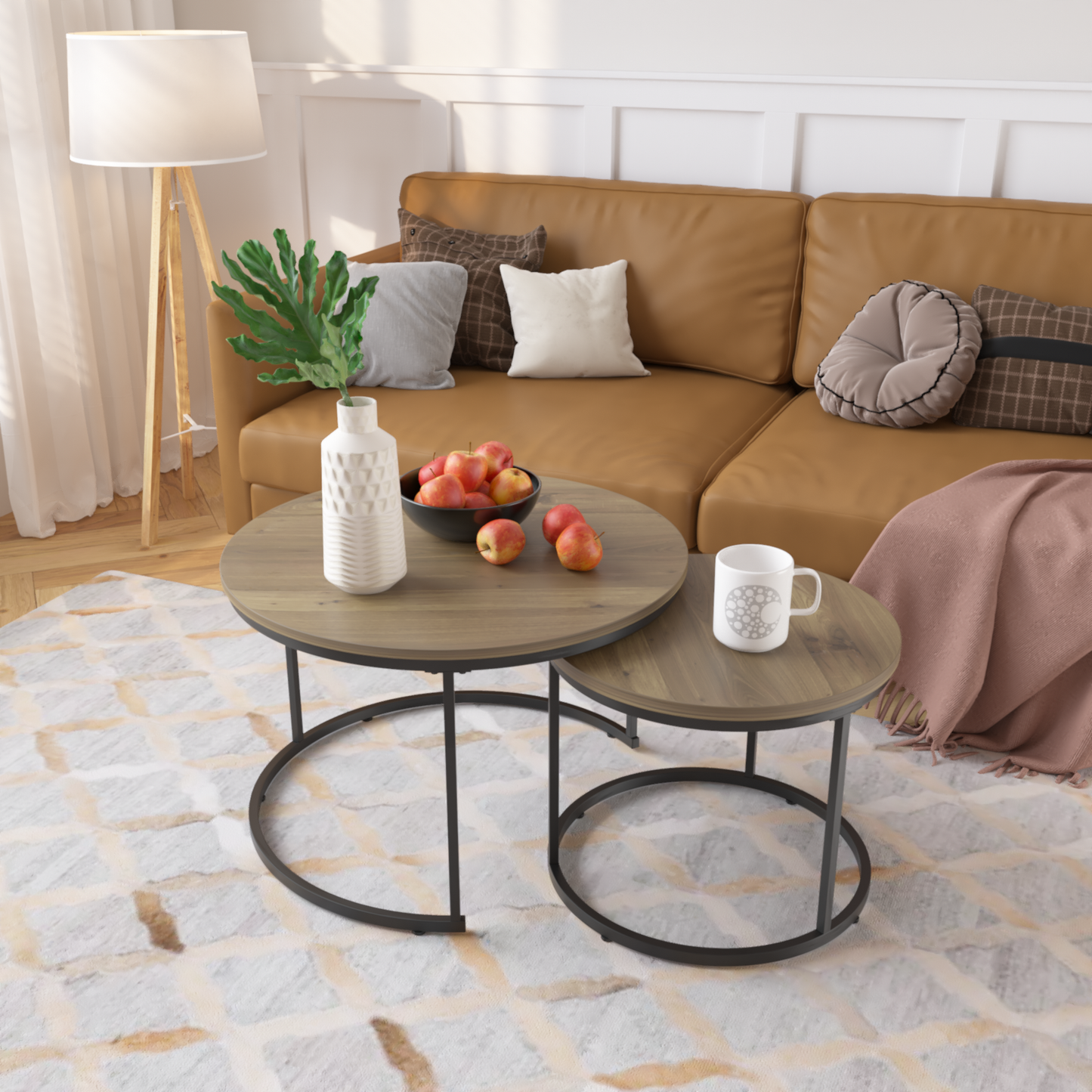 Nesting Coffee Table Set of 2, 27.6inch Round Coffee Table Industrial Wood Finish with Sturdy Metal Frame, End Table Side Tables for Living Room Bedroom Balcony Yard (Brown)