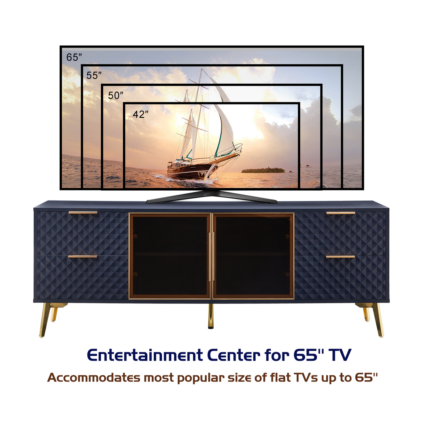 Deluxe Sculpted Modern Fashion Geometric Style TV Stand, Aluminum Frame Tempered Glass Door 4 Drawer Chest with Adjustable Metal Feet ,Dark Blue,59.9'L x 15.7'W x 21.7'H