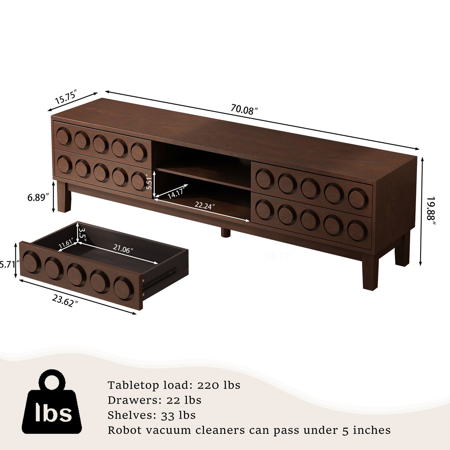 TV Stand for TVs up to 75', Media Console with 4 Drawers, Entertainment Center with Storage for Living Room and Bedroom(Dark Brown)