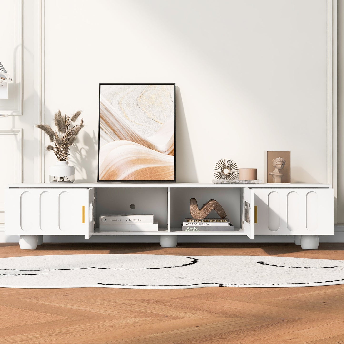 U-Can Modern TV Stand for TVs up to 80 Inches, Entertainment Center with Glass Door, TV Storage Cabinet with Solid Wood Legs and Metal Handles for Living room(OLD SKU:WF323694AAK )