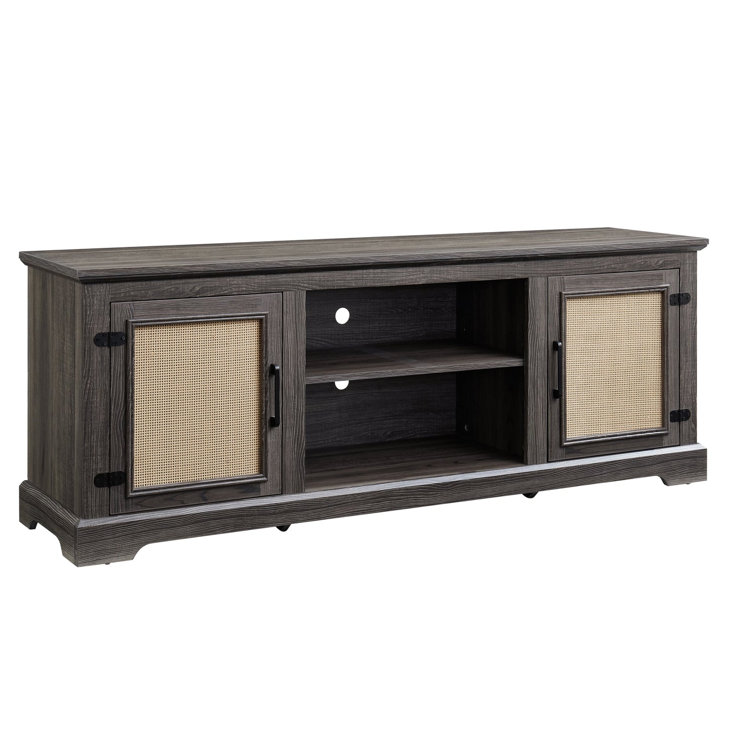 Farmhouse Rattan TV Stand Console Table for TVs up to 70 Inches, TV Console Table with 2 Storage Shelves, 2 Natural Rattan Door Cabinets, 65'W*15.55'D*23.86'H, Gray