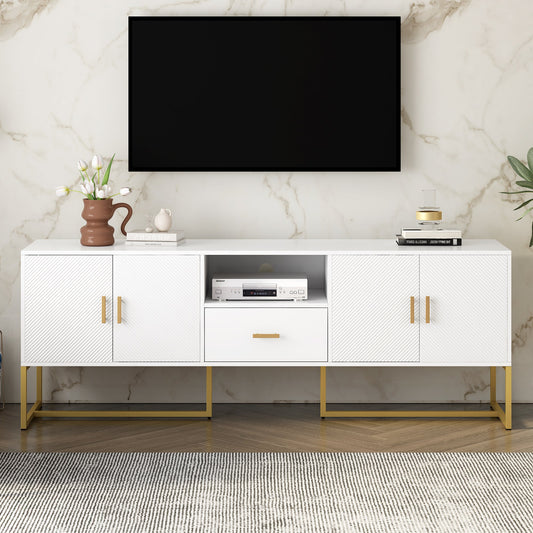 U-Can Modern TV Stand for TV up to 70 Inches,TV Cabinet with 1 Drawer, 2 Cabinets and Metal Legs, Handles and Anti-tip Device for Living room
