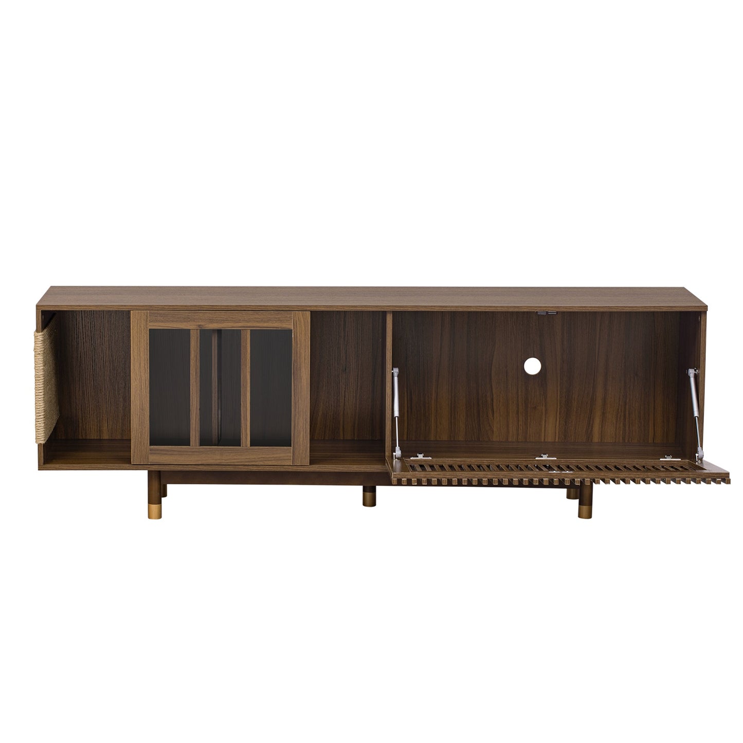 Mid-Century Modern style 2 IN 1 Cat Furniture Walnut TV STAND with Cat Scratcher, Cat house With Sliding Flip-down glass door
