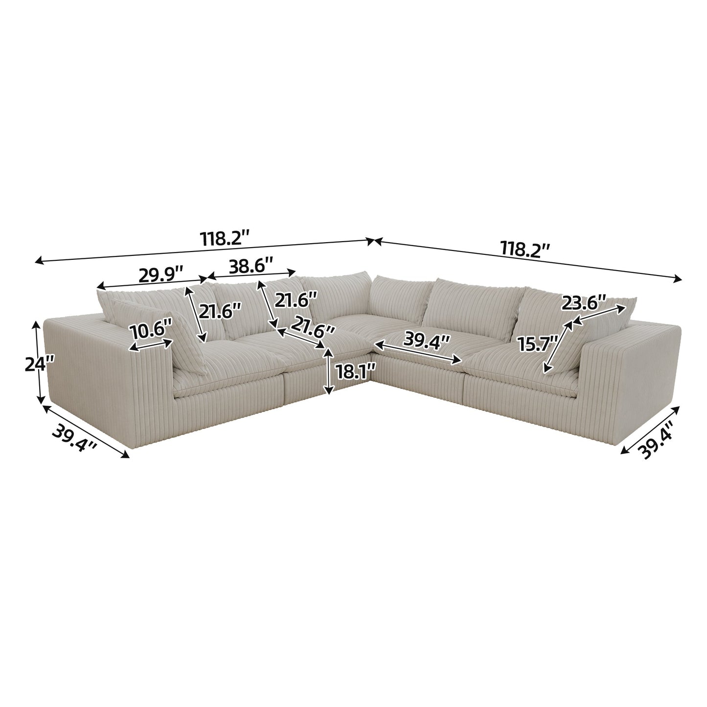 118.2' Cloud Sofa,Corduroy Fabric,Deep Seat Couches,Double-layer design,Removable Cushion,No Assembly, DIY Combination for Living room, Bedroom,Conference room ,Apartment,WHITE