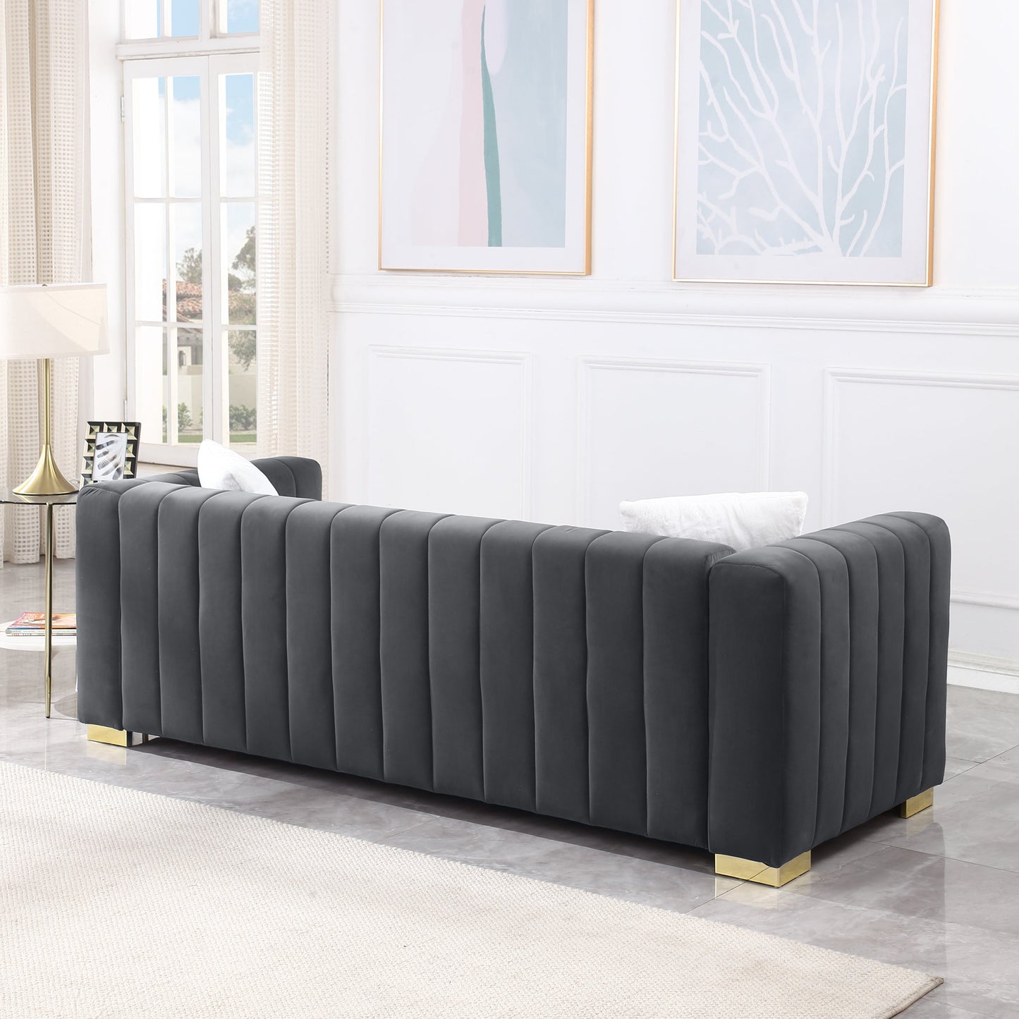 A modern channel sofa take on a traditional Chesterfield,Grey color,3 seater