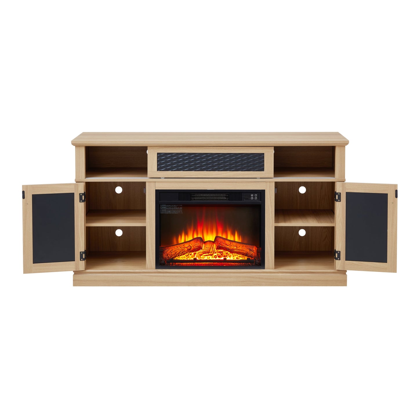 Embossed Pattern TV Stand with 23' fireplace insert,, TV and Media Console with Open and Closed Storage Space and sliding door for Living Room & Bedroom,LIGHT OAK, 58.27'W*15.35'W*31.7H