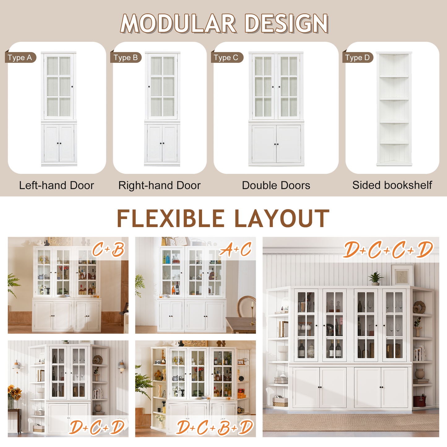 75.25'' Tall Display Cabinet and Two Triangle Sided Bookshelves, 69.25'' Wide Retro Style Wall Suit with Glass Doors, for Hallways, Living room, Office, Studio or Workspace - White