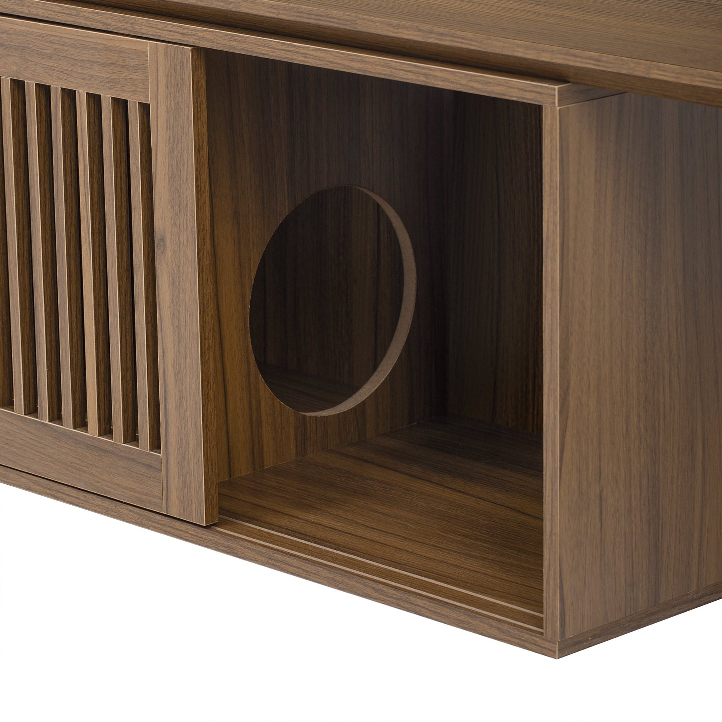 Mid-Century Modern 2 in 1 Cat Furniture Walnut TV Stand With Extendable table, Litter Box Enclosure with Cat Scratcher