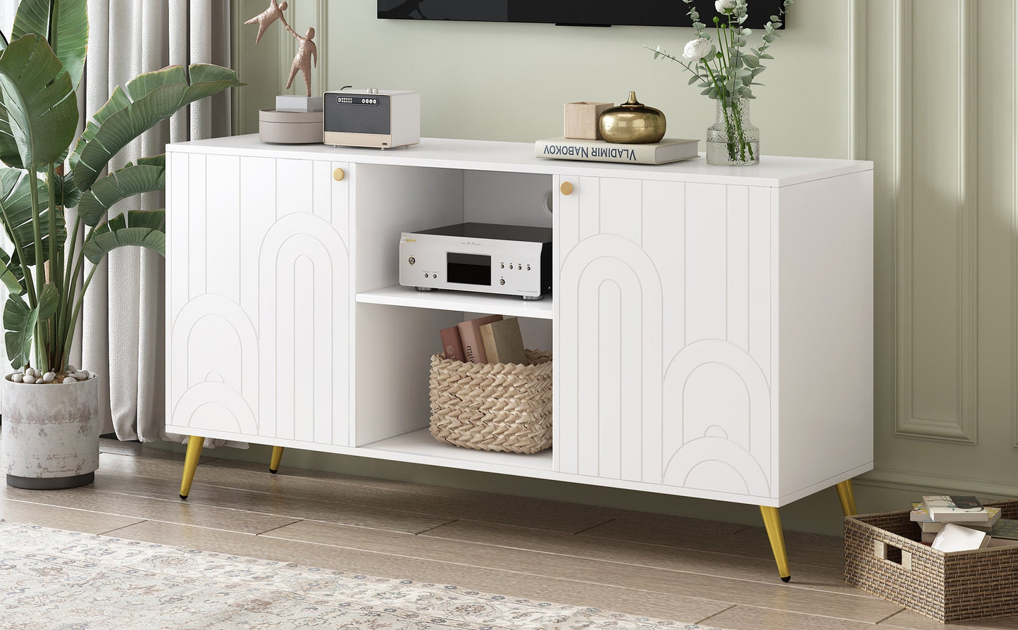 U-Can Modern TV Stand for TVs up to 55 Inches, Entertainment Center Media Console,Adjustable Shelf, Metal Legs, Handles and Anti-tip Device for Living room
