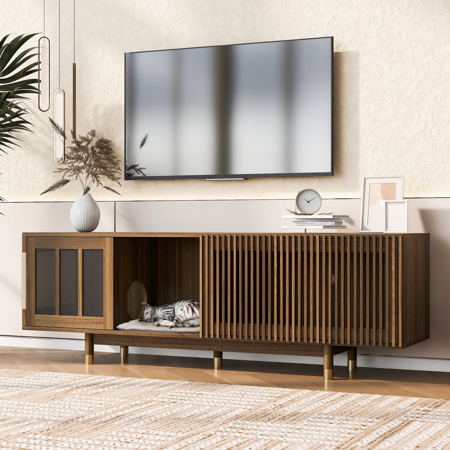 Mid-Century Modern style 2 IN 1 Cat Furniture Walnut TV STAND with Cat Scratcher, Cat house With Sliding Flip-down glass door
