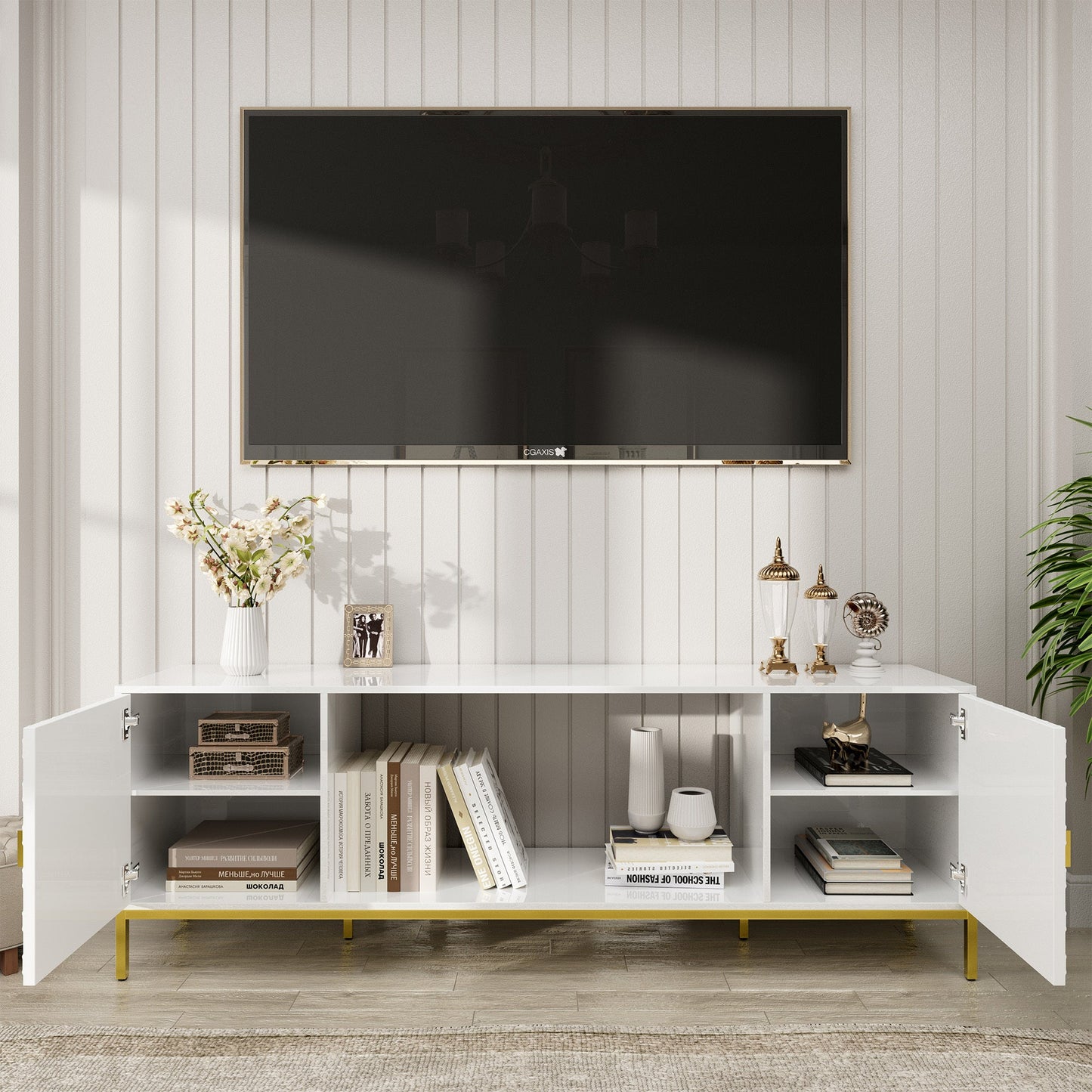 70 Inch TV Stand, Heavy Duty Wood Media Entertainment Center Console with Cabinet Storage & Open Shelves for Living Room, Modern Design (White)