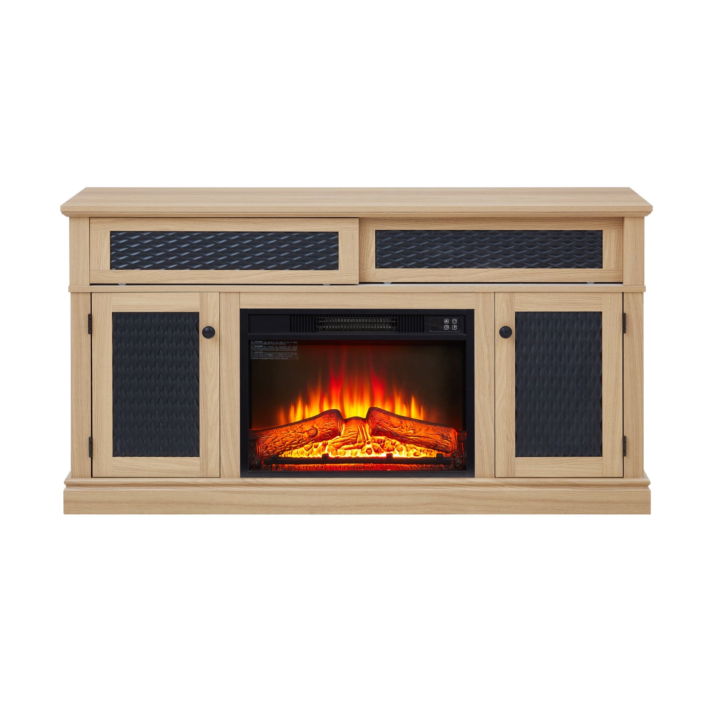 Embossed Pattern TV Stand with 23' fireplace insert,, TV and Media Console with Open and Closed Storage Space and sliding door for Living Room & Bedroom,LIGHT OAK, 58.27'W*15.35'W*31.7H