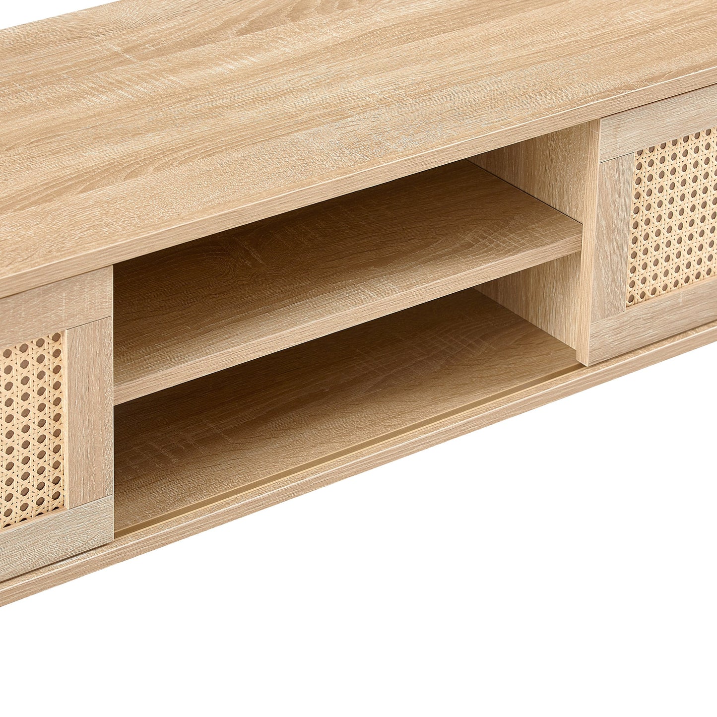 Natural Rattan TV Cabinet with Double Sliding Doors, Adjustable Shelf, Solid Wood Legs, 55.12 Inches