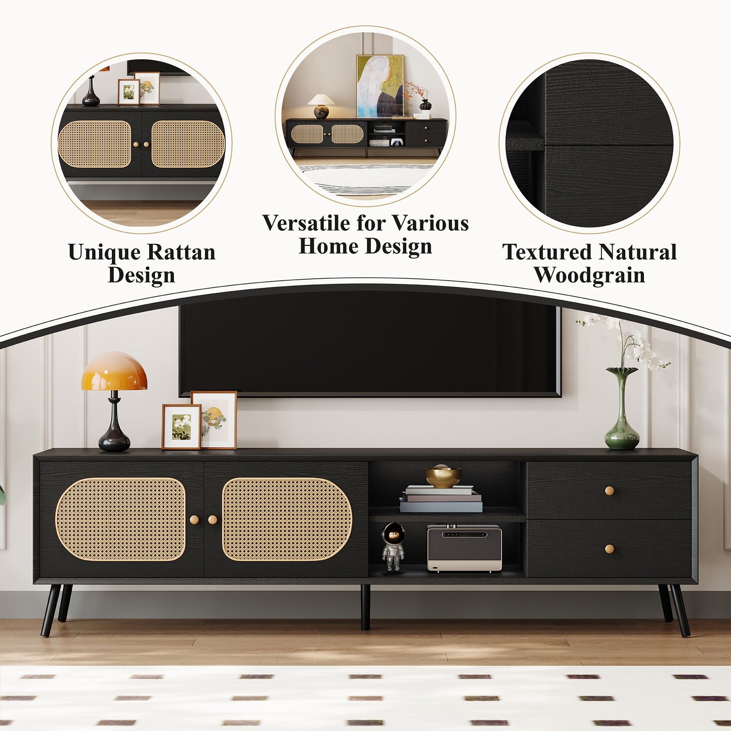 70' TV Stand for TVs up to 80 Inches, Mid Century Modern Entertainment Center with Rattan Doors, 2 Drawers, and Open Shelf, Television Stand for Living Room