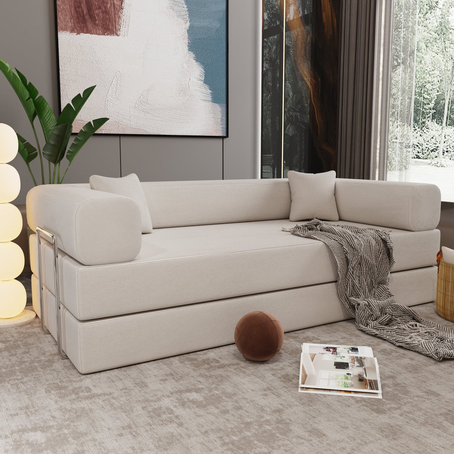 Double sofa, sofa bed, multifunctional compression sofa, wide body sofa, pure sponge sofa, fine striped velvet fabric sofa