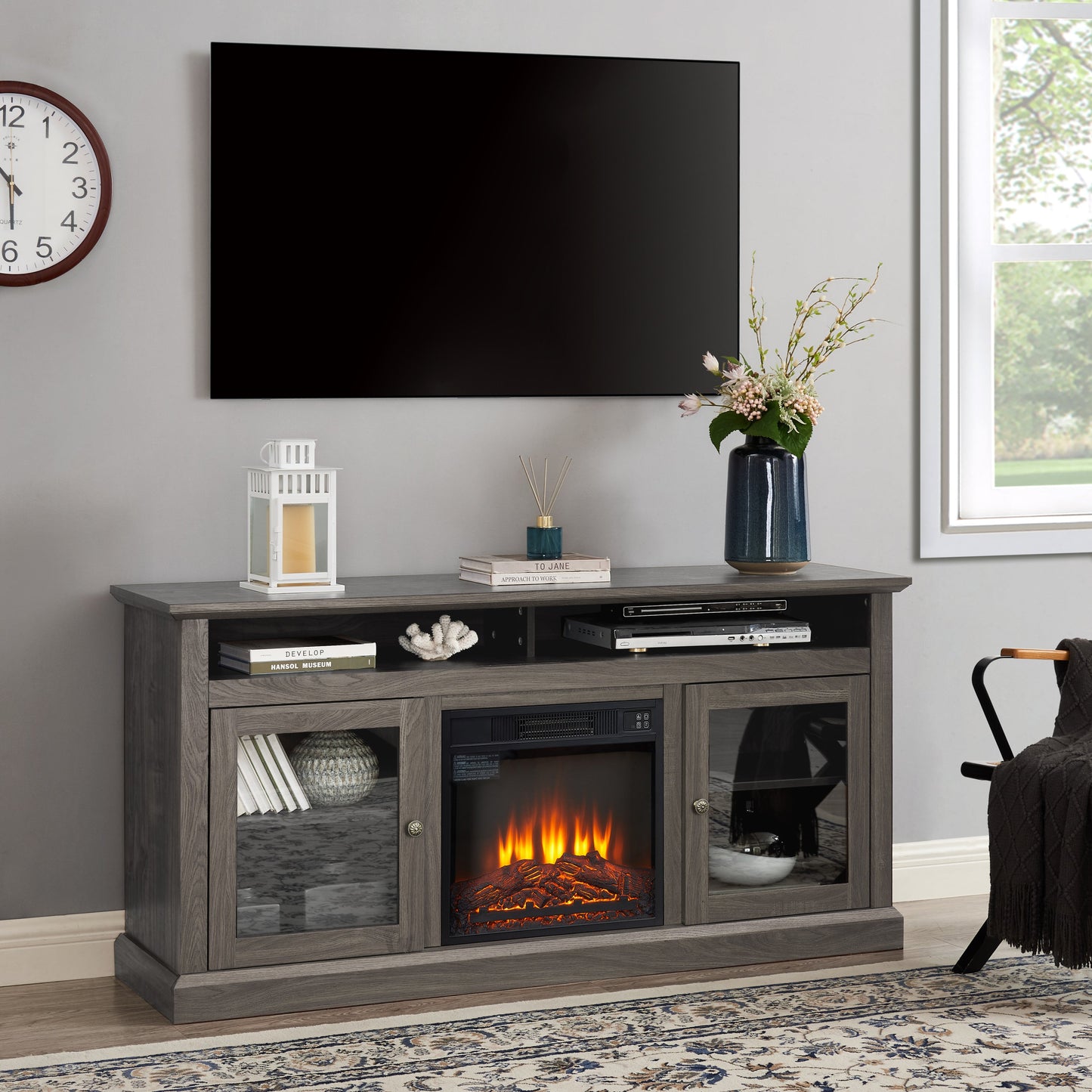 Retro TV Stand for 65'' TV, TV Console Cabinet with Storage, Open Shelves Entertainment Center with 18' Fireplace Insert for Living Room Dark Walnut 60'W*15.75'D*29'H