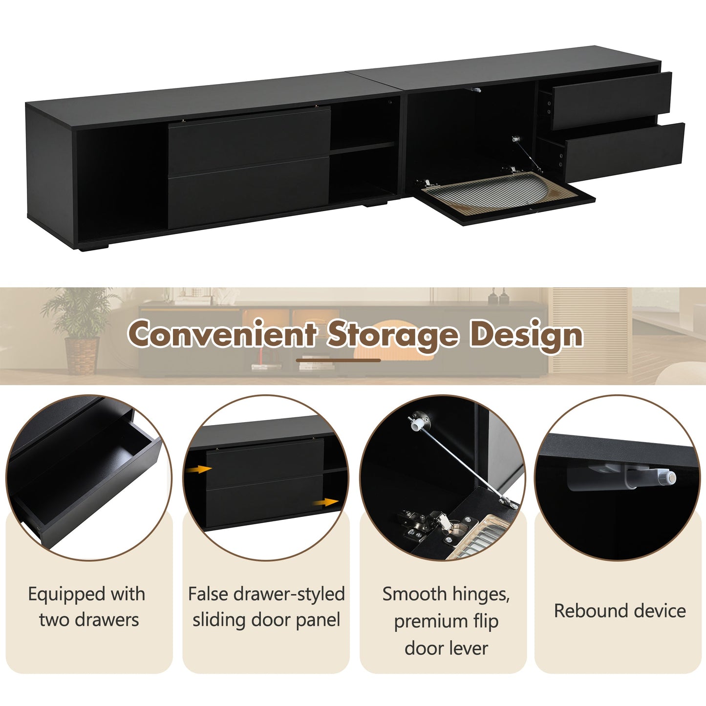 ON-TREND Modern TV Stand with Fluted Glass Door for TVs Up to 100', Media Console with Sliding Door & 2 Drawers, Free-Combination Entertainment Center with LED Light for Living Room, Bedroom, Black