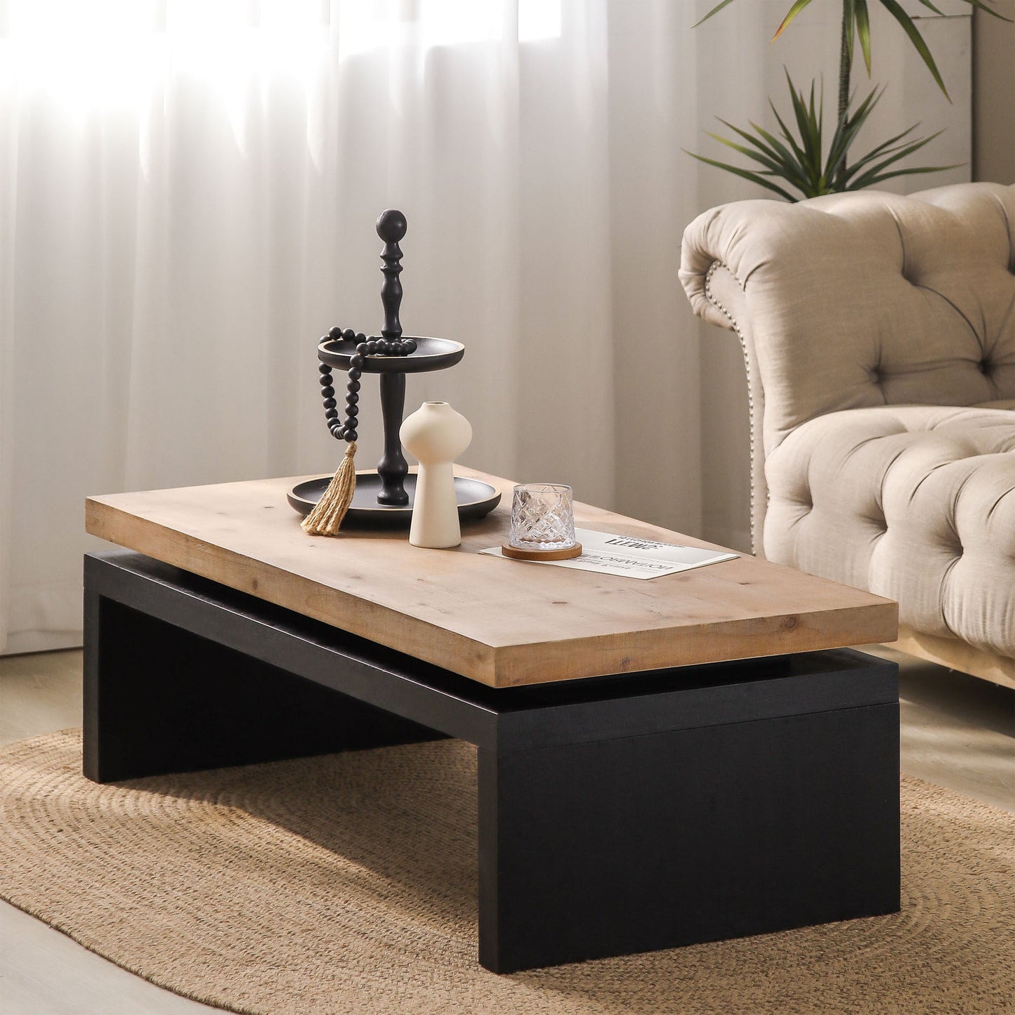 Modern Industrial Coffee Table – Two-Tone Wood Center Table with Floating Top Design 47.6' L * 23.6' W * 16.3' H