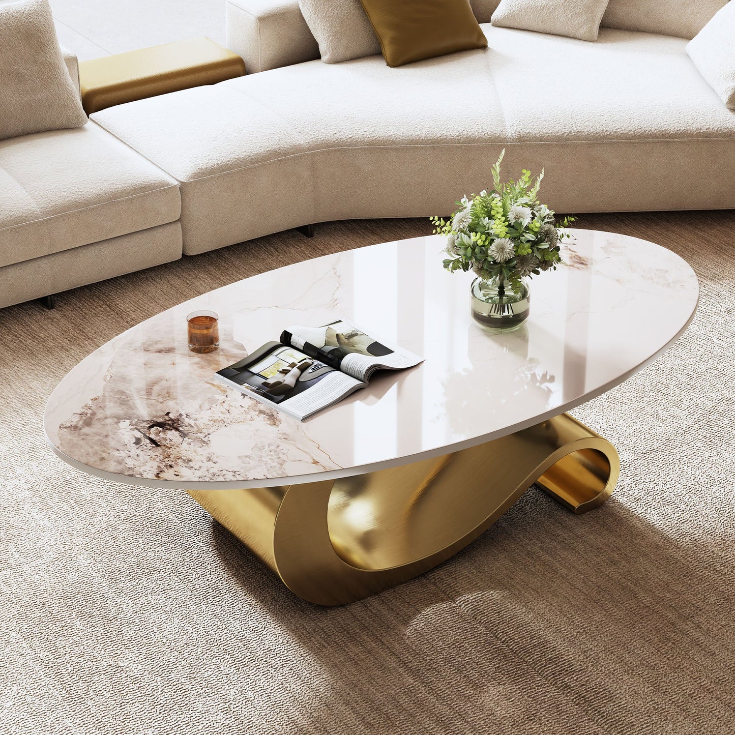 49.2' Faux Marble Oval Coffee Table, Contemporary Gold Stainless Steel Base, Modern Center Table for Living Room