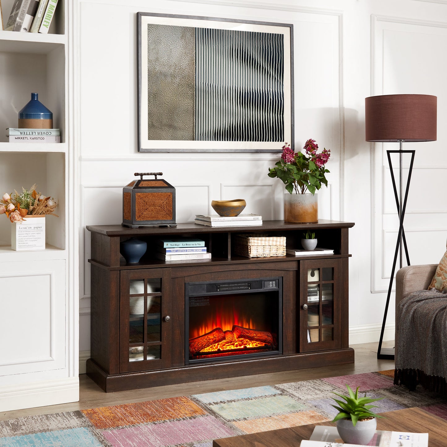 Classic TV Media Stand Modern Entertainment Console with 23' Fireplace Insert for TV Up to 65' with Open and Closed Storage Space, Espresso, 58.25'W*15.75'D*32'H