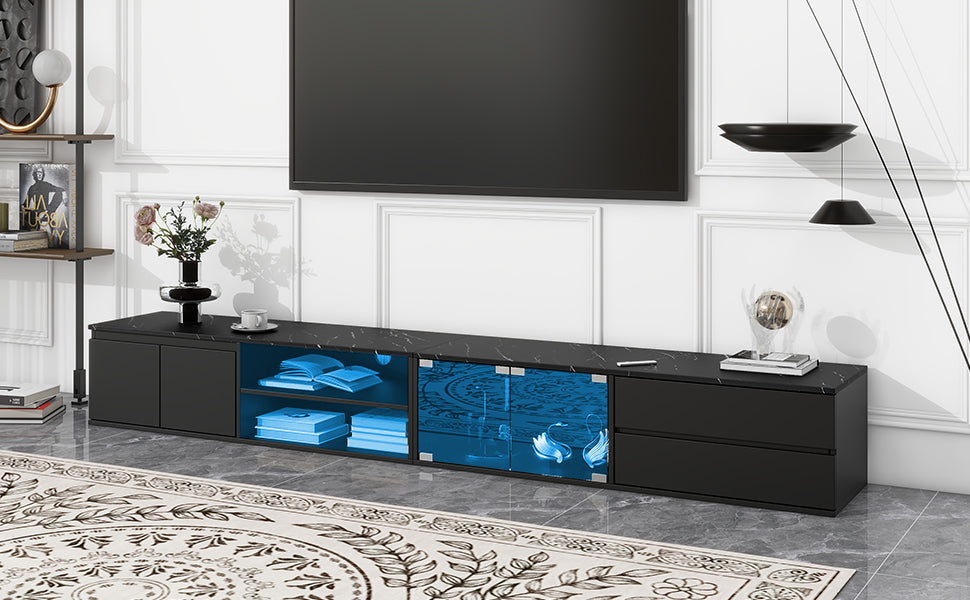 ON-TREND Modern APP Controlled LED TV Stand for TVs Up to 105'', Faux Marble Tabletop Media Console with Tempered Glass Doors, Entertainment Center with 2 Drawers & Cabinets for Living Room, Black