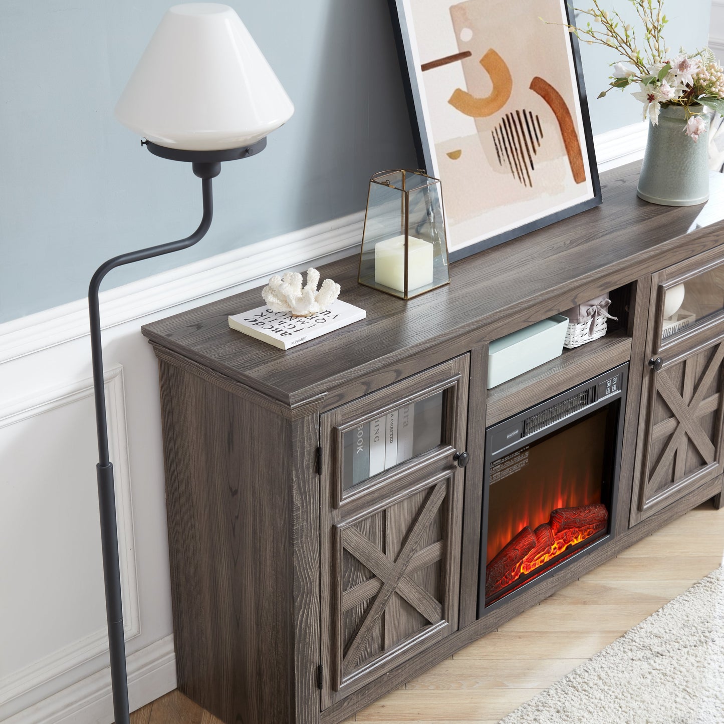 2 Doors Cabinet Farmhouse Cabinet, Farmhouse TV Stand Barn Design,Farmhouse TV Media Stand, Large Barn Inspired Home Entertainment Console with 18' fireplace insert,GREY, 60.23'W*15.35'D*31.7'H