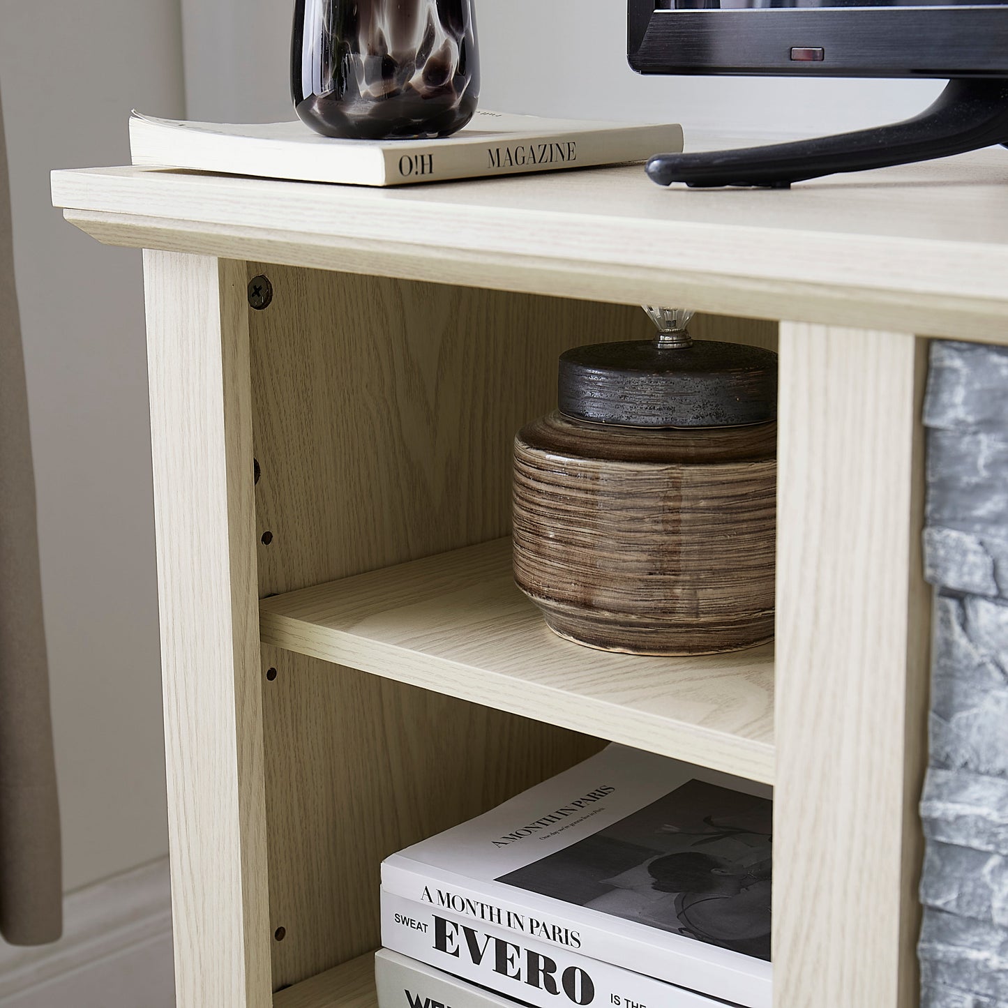 Mantel Stone TV Media Stand with with Faux Stacked Stone Surround, Modern Entertainment Console with Open Storage Space,WHITE, 58.31'W*15.39'D*26.06'H
