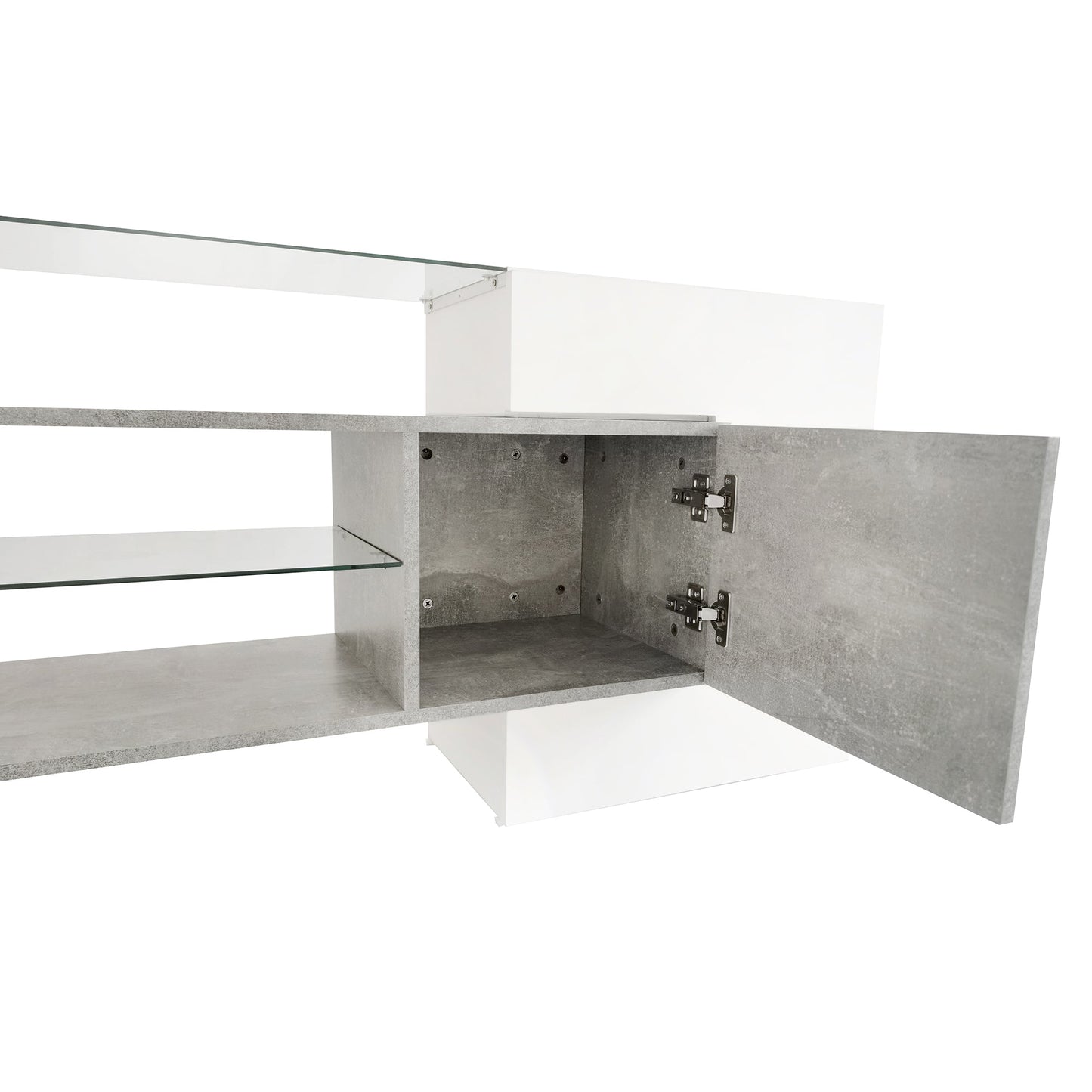 ON-TREND Unique Shape TV Stand with 2 Illuminated Glass Shelves, High Gloss Entertainment Center for TVs Up to 88', Versatile TV Cabinet with LED Color Changing Lights for Living Room, Grey