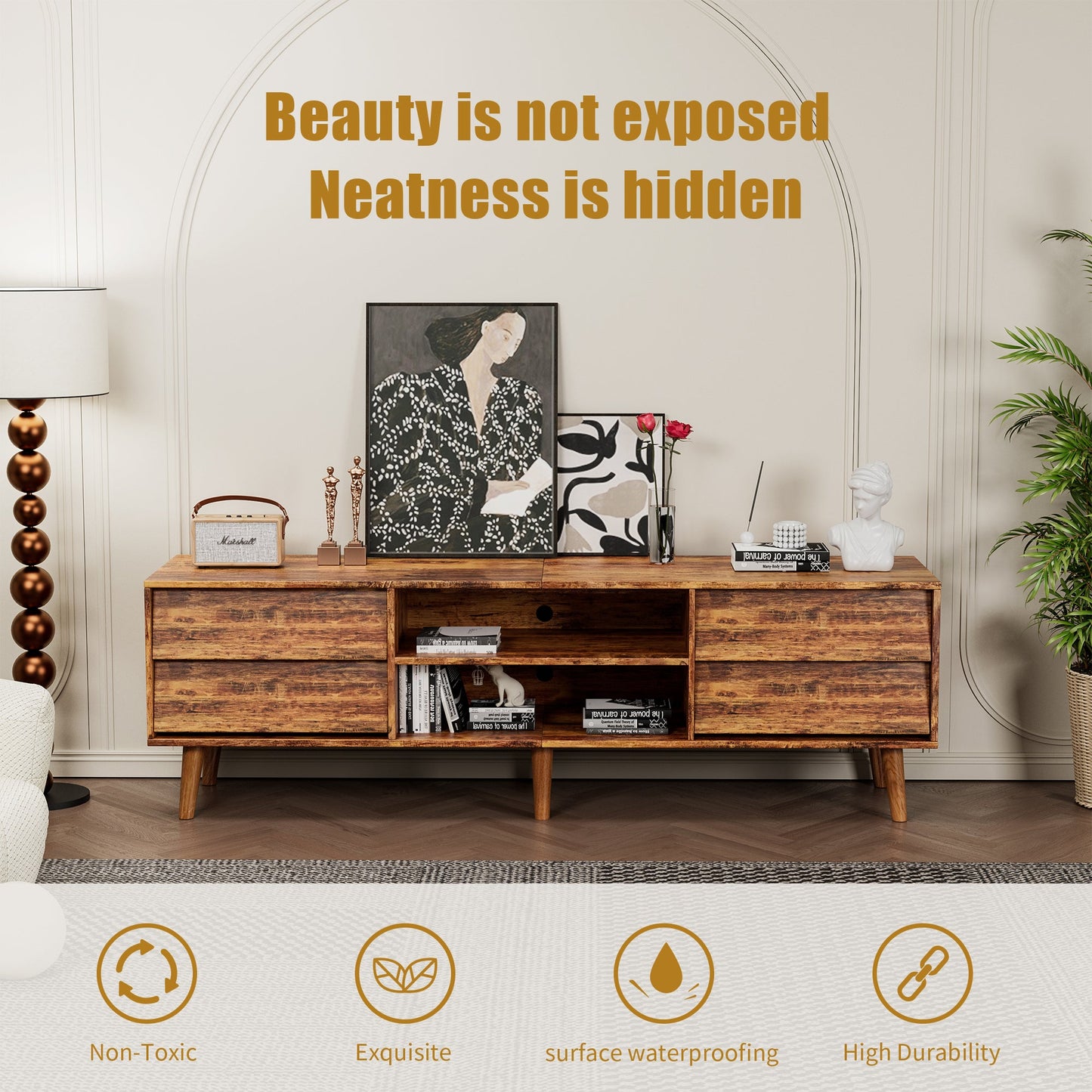 63 Inch TV Stand Features Vintage-style and Bevel Design, TV Stand with Drawers, Entertainment Center for Living Room Bedroom, TV Media Console