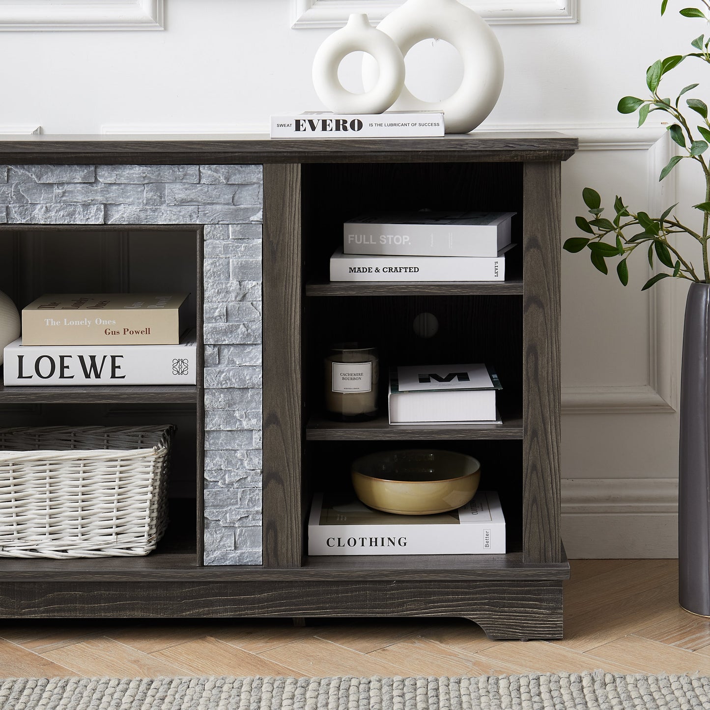 Mantel Stone TV Media Stand with with Faux Stacked Stone Surround, Modern Entertainment Console with Open Storage Space,Grey, 58.31'W*15.39'D*26.06'H