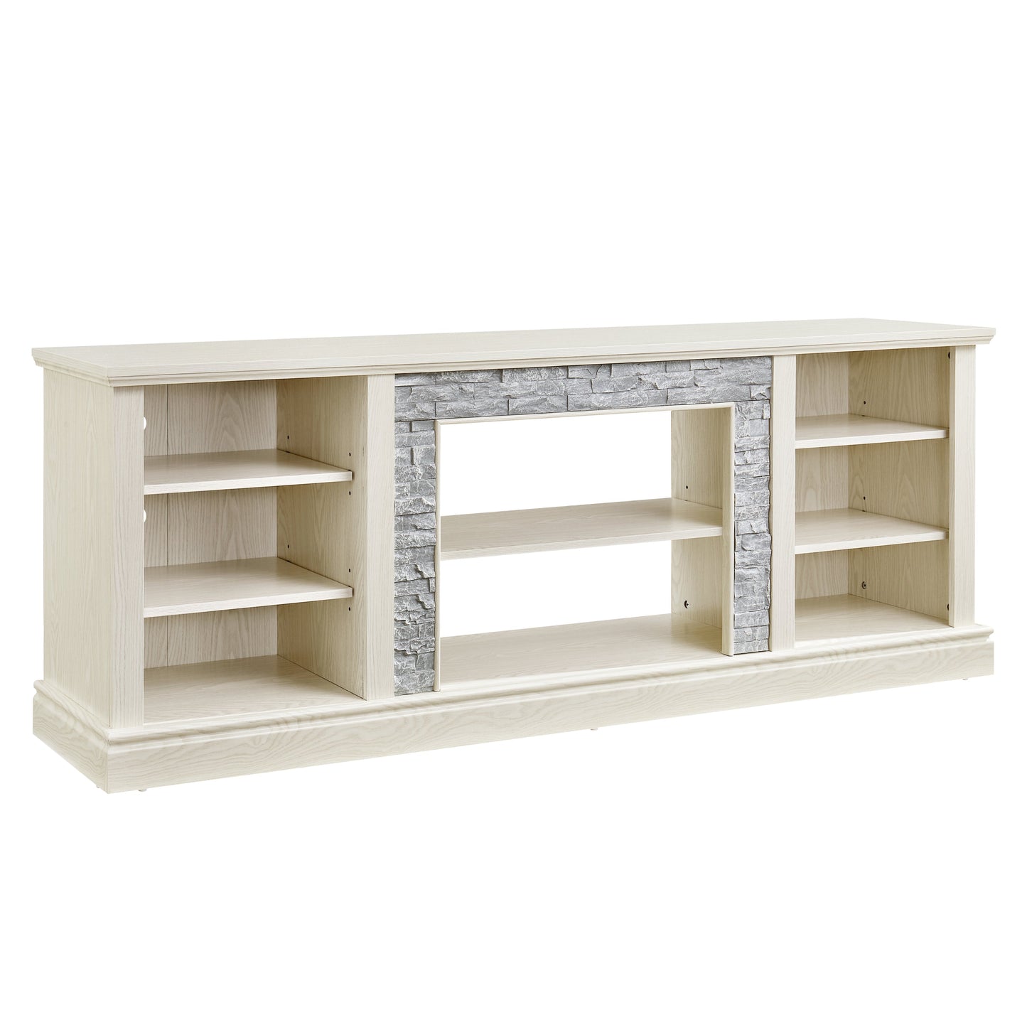 Large TV Desk Storage Rack with Faux Stacked Stone Surround,Media Console Table with Large Storage Cabinet,Modern TV Media Entertaionment Stand,WHITE, 70.12'W*15.35'D*25.83'H