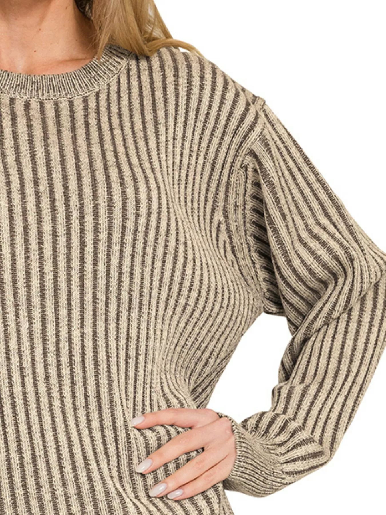 Zenana Curved Hem Two-Tone Ribbed Sweater - Lee's Retail