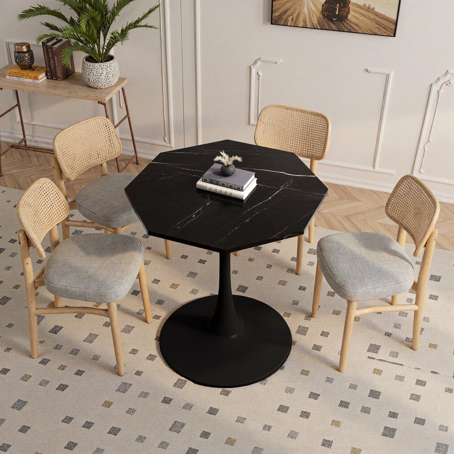 31.50'Modern Octagonal Coffee Table with Printed Black Marble Table Top,Metal Base, for Dining Room, Kitchen, Living Room