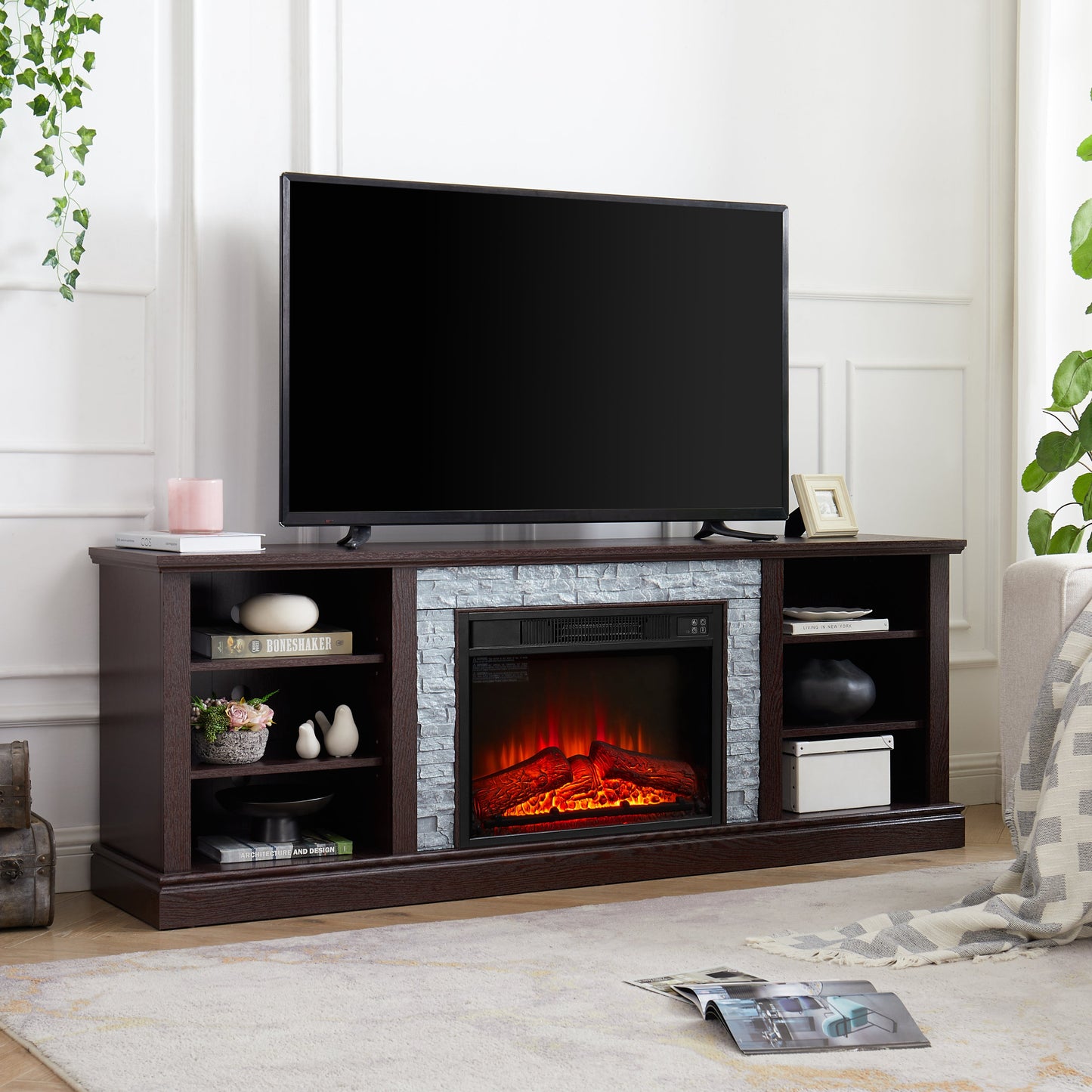 Large TV Desk Storage Rack with Faux Stacked Stone Surround,Media Console Table with Large Storage Cabinet,Modern TV Media Stand with 23' Fireplace Insert,Cherry, 70.12'W*15.35'D*25.83'H