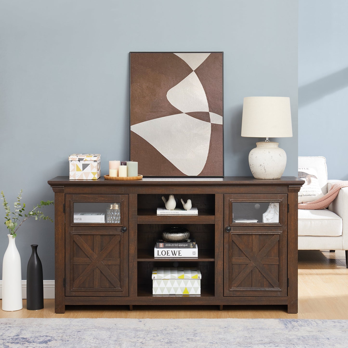 2 Doors Cabinet Farmhouse Cabinet, Farmhouse TV Stand Barn Design,Modern Farmhouse TV Media Stand, Large Barn Inspired Home Entertainment Console,Espresso, 60.23'W*15.35'D*31.7'H