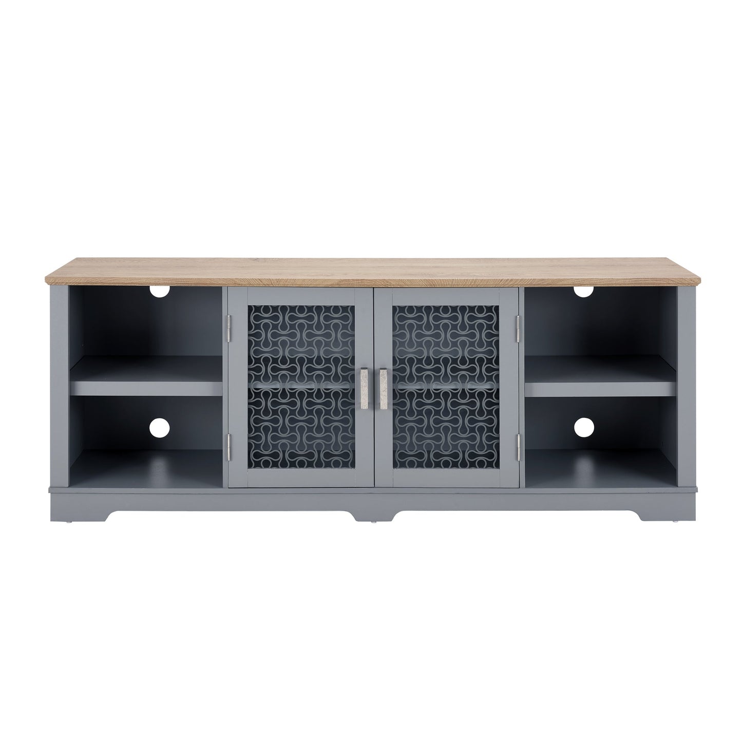 Modern Farmhouse TV Media Stand, Large Home Entertainment Console, for TV Up to 80'', with Open Shelves and Glass Door Cabinets, Light Blue and Light Oak, 70'W*15.55'D*26.85'H