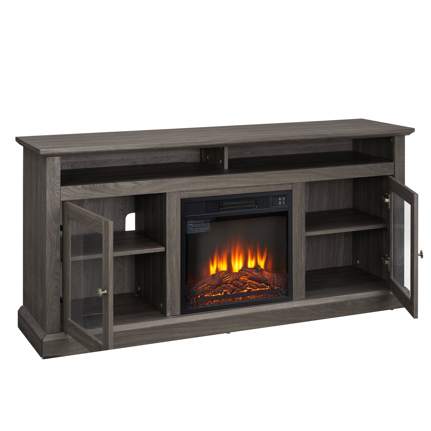 Retro TV Stand for 65'' TV, TV Console Cabinet with Storage, Open Shelves Entertainment Center with 18' Fireplace Insert for Living Room Dark Walnut 60'W*15.75'D*29'H