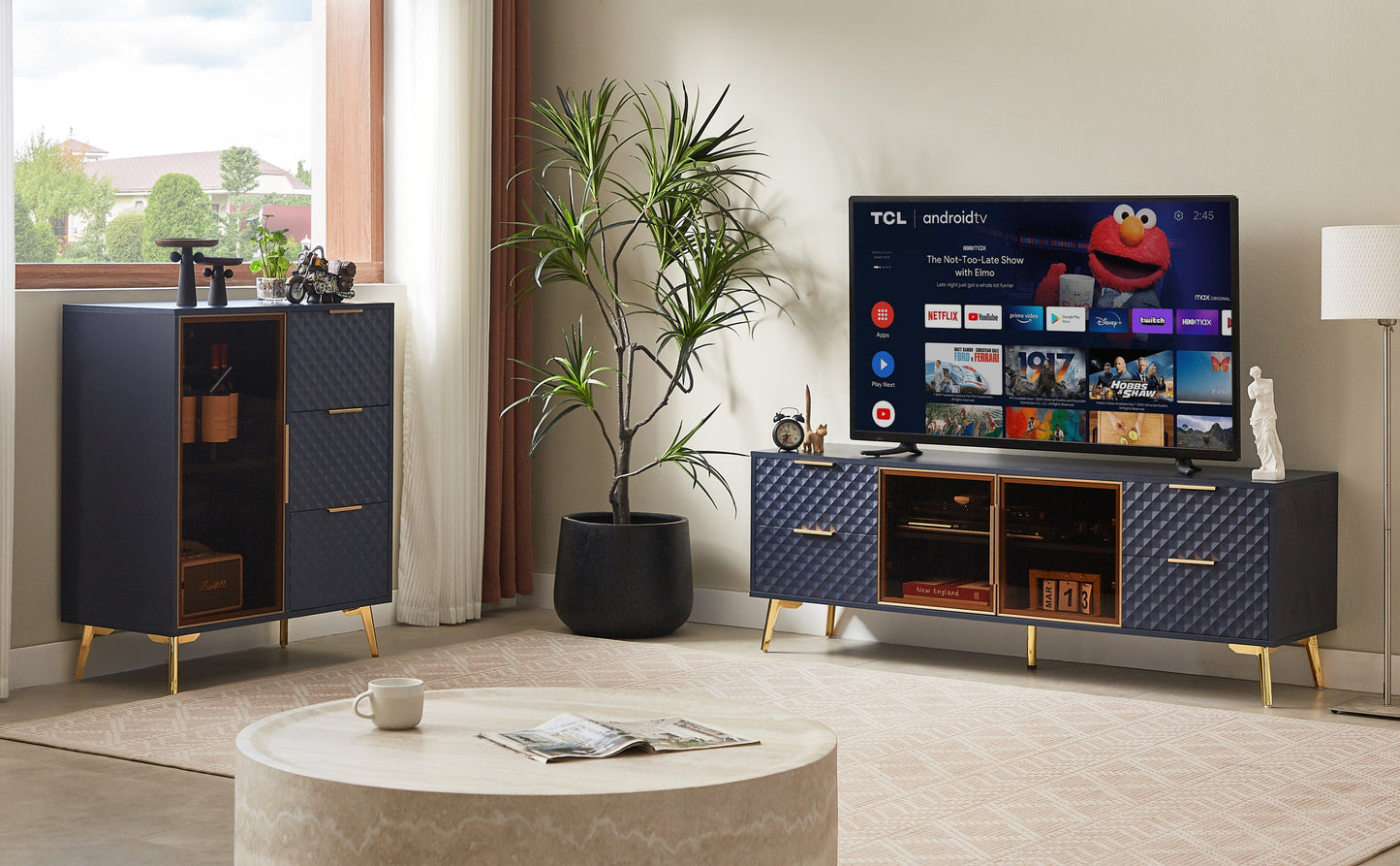 Deluxe Sculpted Modern Fashion Geometric Style TV Stand, Aluminum Frame Tempered Glass Door 4 Drawer Chest with Adjustable Metal Feet ,Dark Blue,59.9'L x 15.7'W x 21.7'H