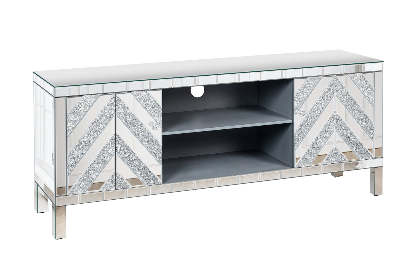 Mirrored TV Stand for 65+ inch TV,Sliver TV Console Table with Open Storage & 2 Storage Cabinets ,M Shape Sparkling Mirror Doors for Living Room(59''W x 25.2''H x 15.7D)