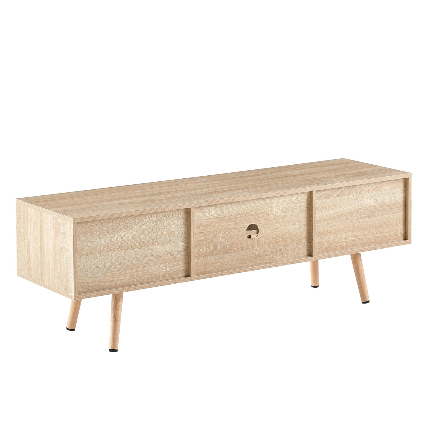 Natural Rattan TV Cabinet with Double Sliding Doors, Adjustable Shelf, Solid Wood Legs, 55.12 Inches