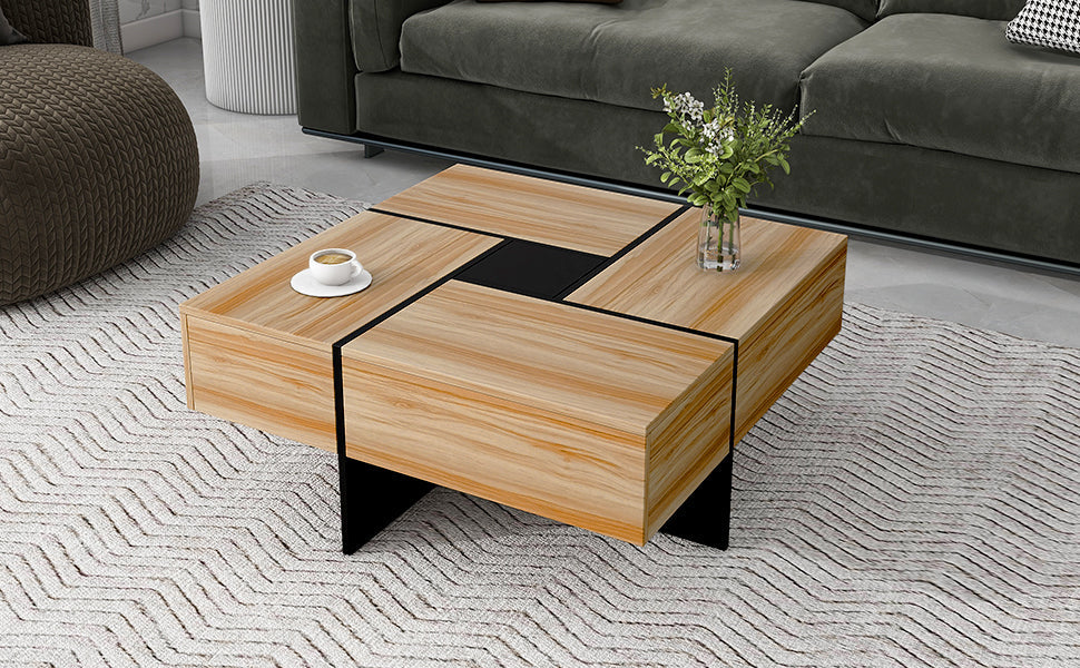 ON-TREND Unique Design Coffee Table with 4 Hidden Storage Compartments, Square Cocktail Table with Extendable Sliding Tabletop, UV High-gloss Design Center Table for Living Room, 31.5'x 31.5'