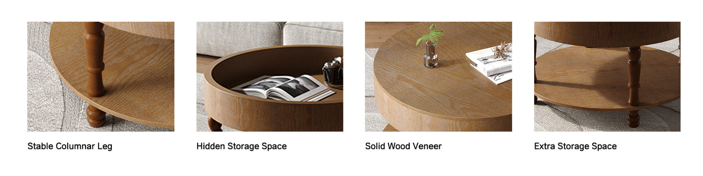 Coffee Table with Dual Storage for Living Room, 31.5' Modern Round Coffee Table with Storage and Hidden Compartment, Adjustable Leveling Feet, Easy Assembly (Walnut)