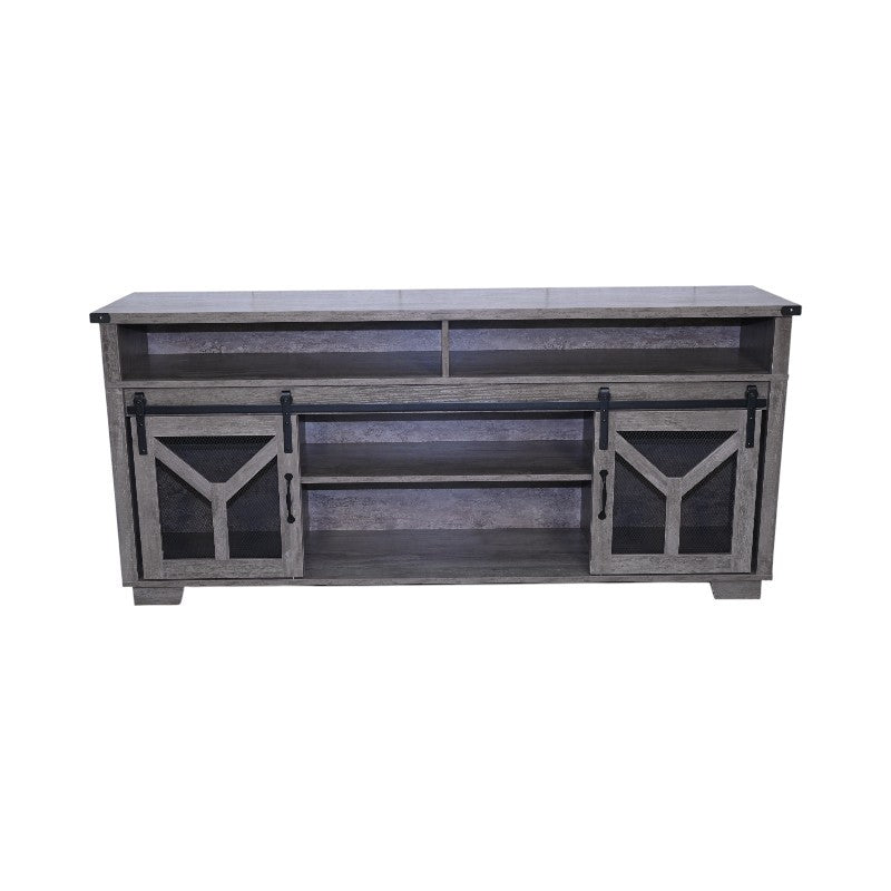 65.3' TV Stand with LED light strips and Iron mesh barn door Y decorative strip country grey farmhouse style