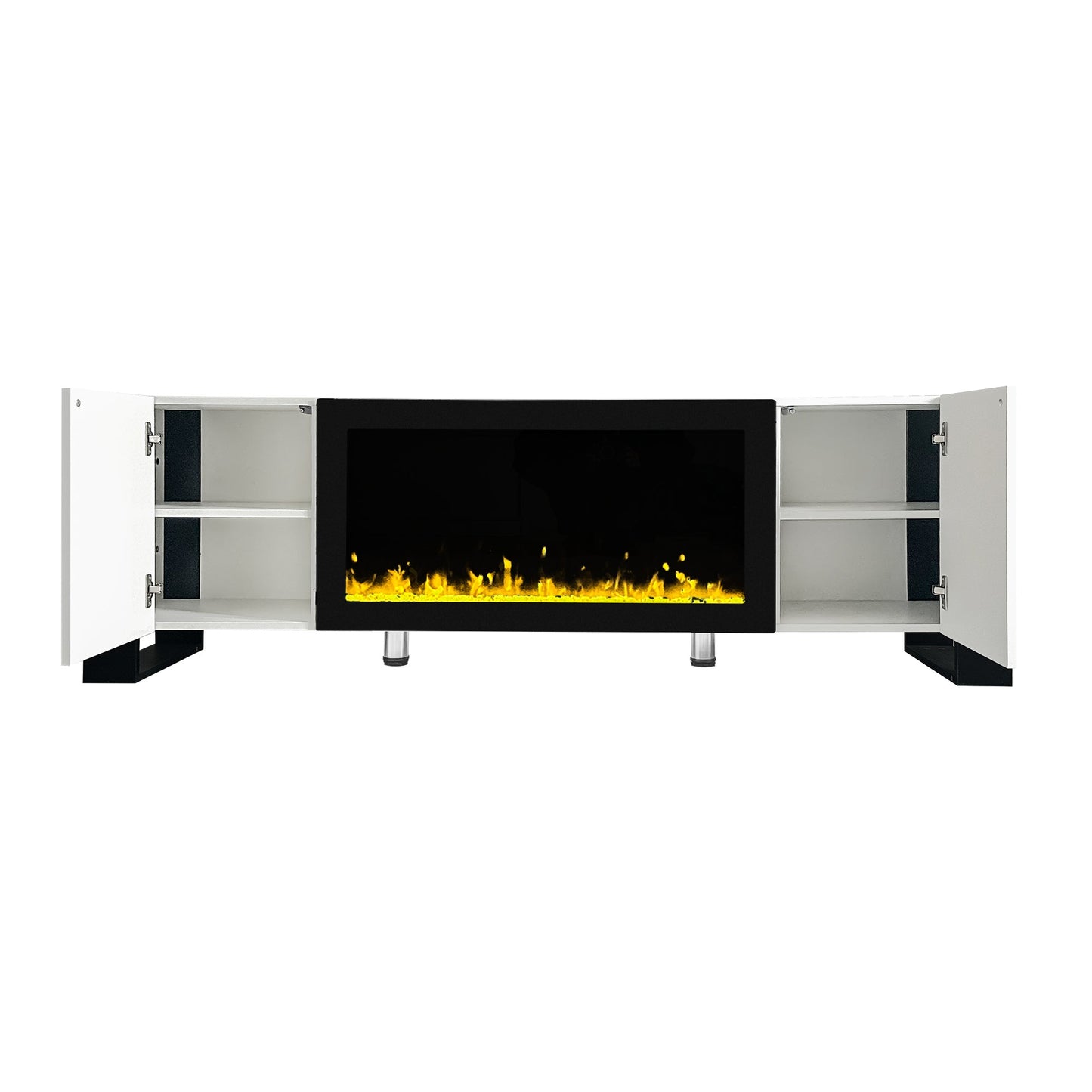 ON-TREND Modern TV Stand with 34.2' Non-heating Electric Fireplace, High Gloss Entertainment Center with 2 Cabinets, Media Console for TVs up to 78', White