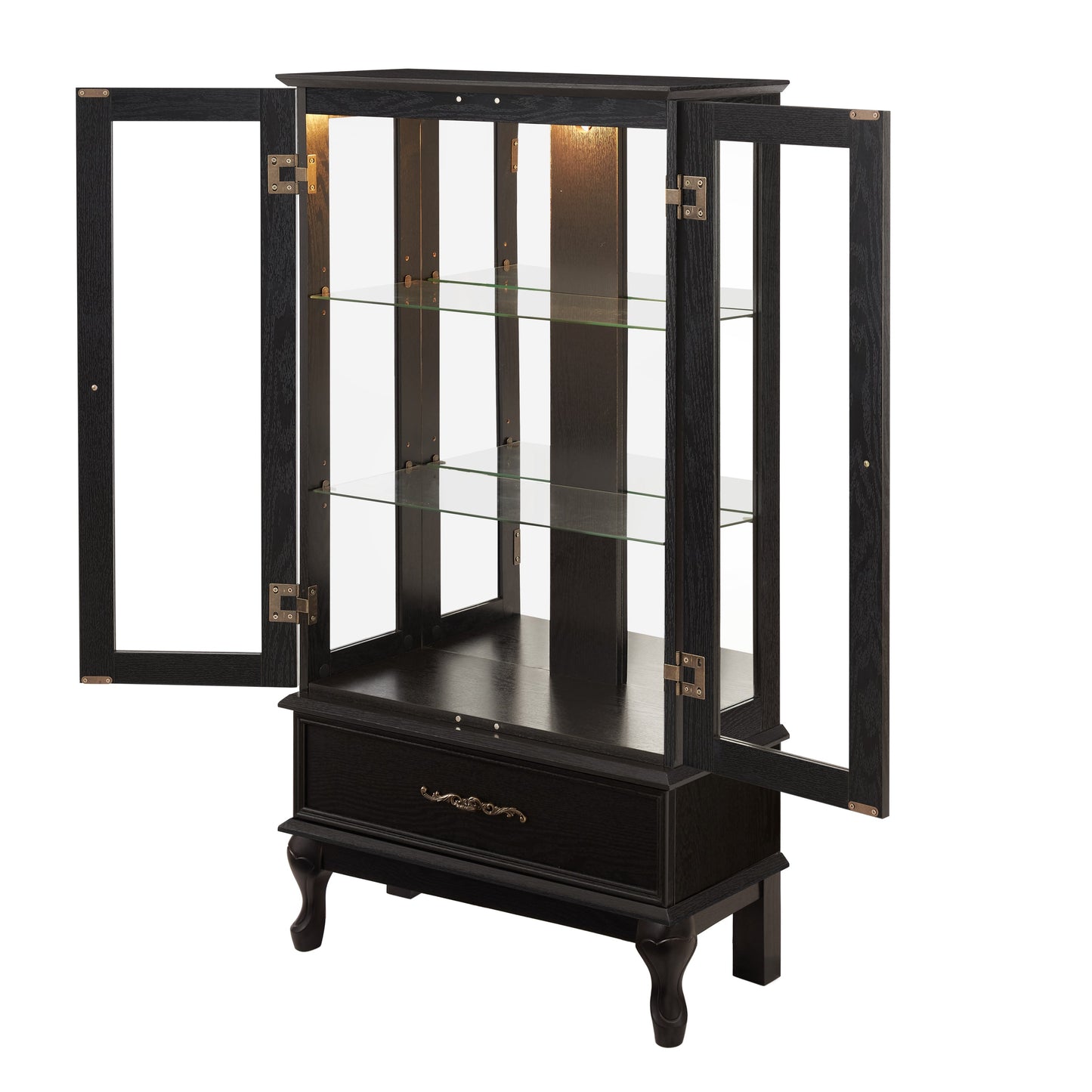 Lighted Curio Cabinet with Glass Doors and Adjustable Shelves 2 Door Wine Cabinet Display Curio Cabinet with LED Lights Light Black Finish and Drawer for Home Decor and Storage