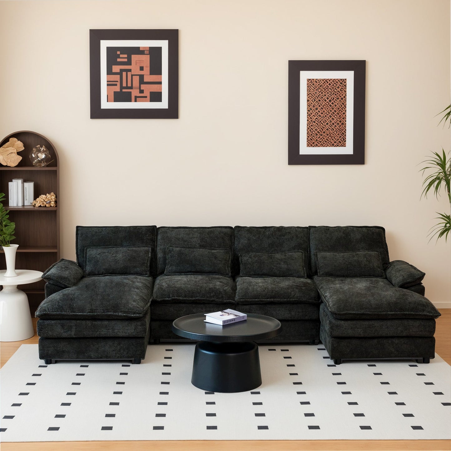 110' Modular Sectional Sofa Cloud Couch with Double Chaise Lounge , U Shaped Chenille Upholstered Leisure Sofa&Couches with Memory Foam and Waist Pillows for Living Room Office,Black.