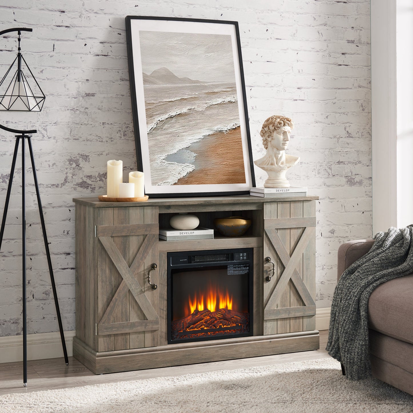 American retro Farmhouse Classic Media TV Stand Antique Entertainment Console with 18' Electric Fireplace Insert for TV up to 50' with Open and Closed Storage Space, Gray Wash 47'W*15.5'D*30.75'H