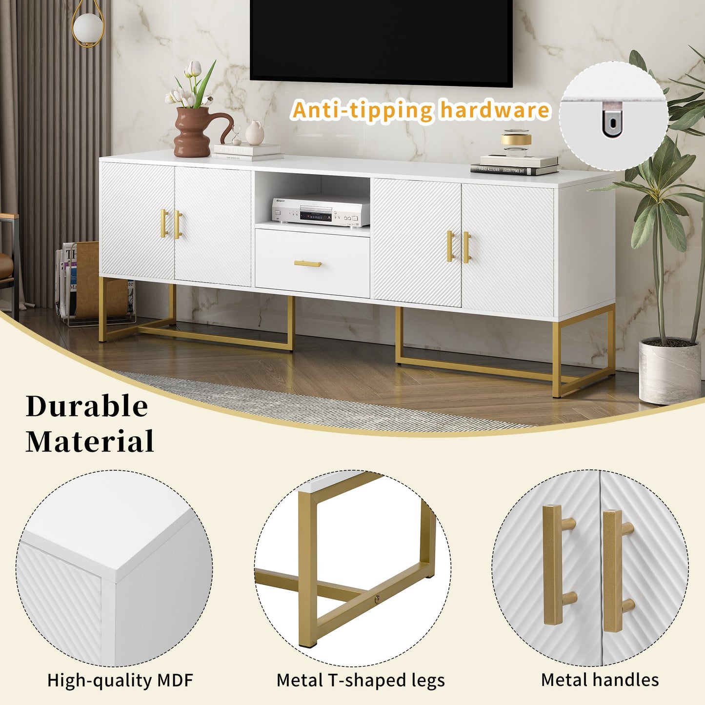 U-Can Modern TV Stand for TV up to 70 Inches,TV Cabinet with 1 Drawer, 2 Cabinets and Metal Legs, Handles and Anti-tip Device for Living room